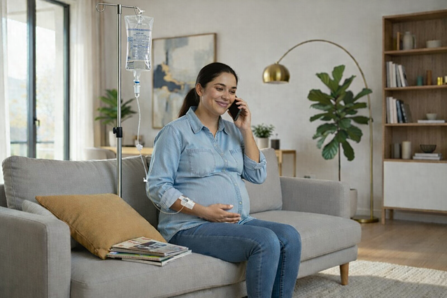 A woman is sitting in a hospital chair giving an okay sign.