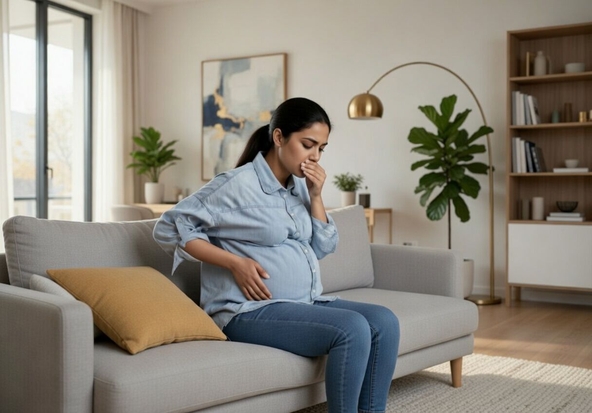 Pregnant woman experiencing nausea and dehydration symptoms while resting on a couch at home.