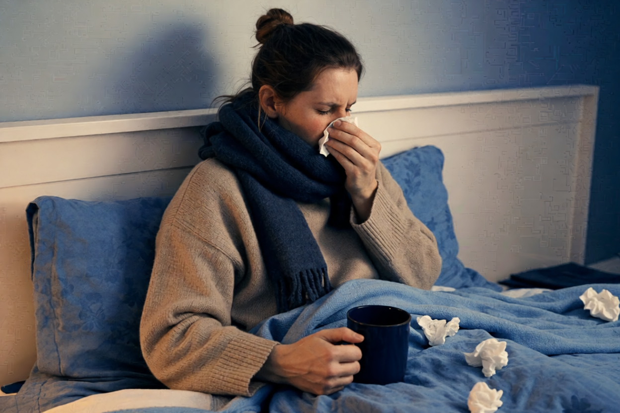 Sick woman recovering at home in Bremerton with cold or flu symptoms and tissues nearby.