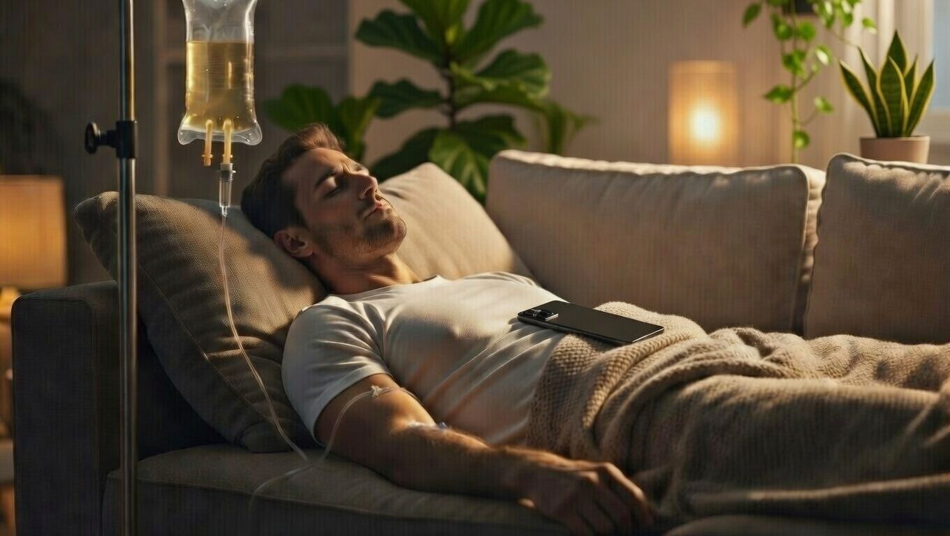 A doctor is giving an iv to a patient in a hospital bed.