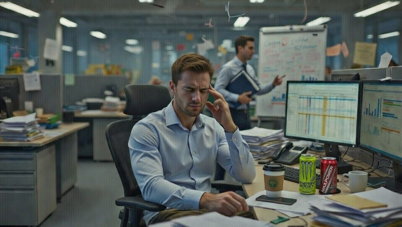 Man experiencing stress and fatigue while working at a desk, representing stress-related exhaustion and burnout that may benefit from mobile IV therapy for stress relief.