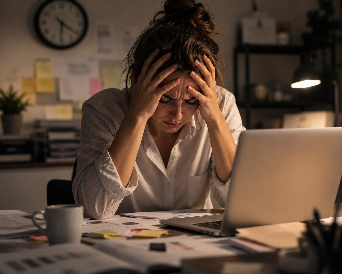 Woman experiencing stress and burnout while working late, illustrating the effects of chronic stress
