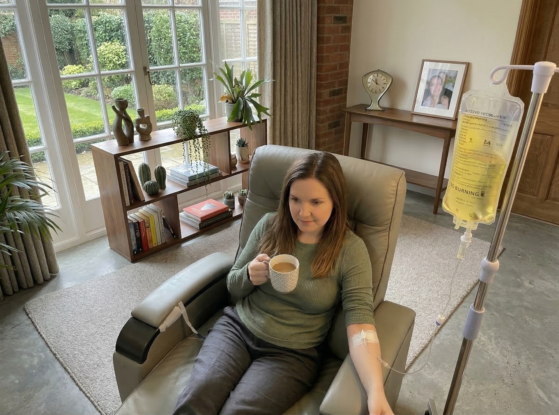 Woman receiving AQUA MD mobile IV therapy at home for immune support infusion, relaxing in chair with IV hydration drip in a living room setting.