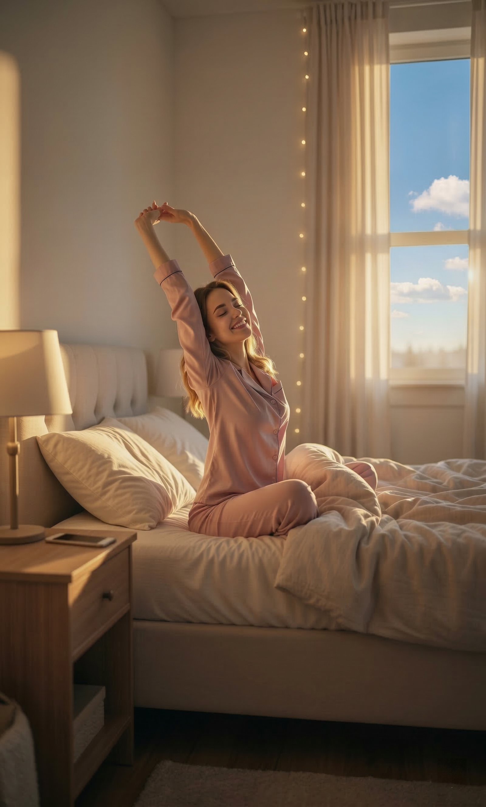 Woman waking up refreshed after receiving AQUA MD mobile IV therapy for stress relief and recovery at home.