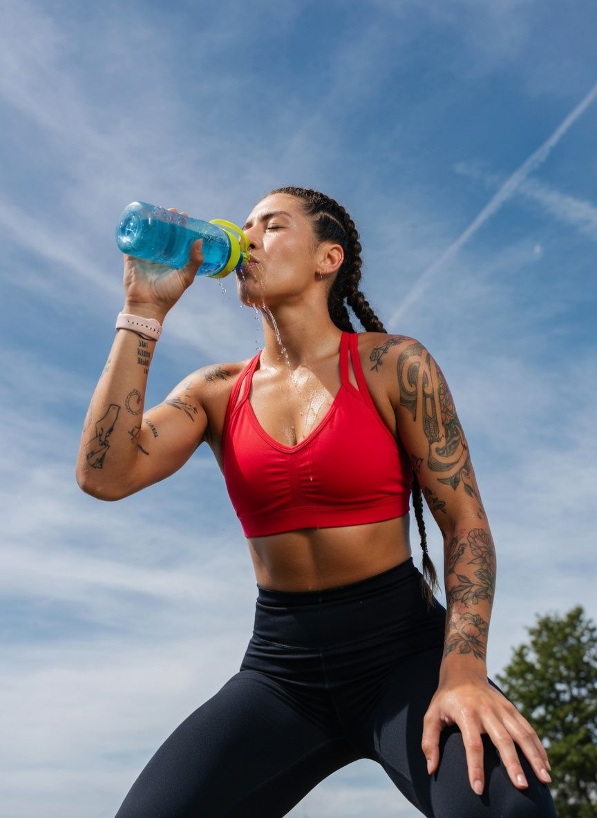 Dehydrated woman resting after a workout in a gym while drinking water to recover from dehydration