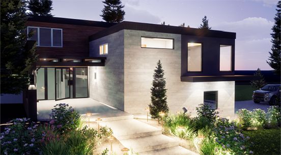 Modern two-story house with concrete and wood exterior, pathway illuminated with lights, trees and flowers in the landscape.