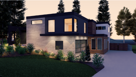 Modern two-story house with black and white exterior, surrounded by trees and a green lawn.