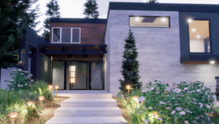 Modern house exterior with concrete and wood siding, lit pathway, and landscaping at dusk.