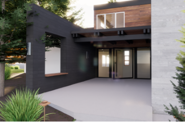 Modern home exterior, black facade with wooden accents, patio, large windows.