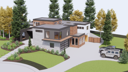 Modern multi-level home with landscaping, trees, and a driveway; car parked in front.