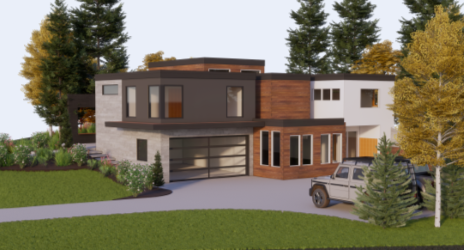 Modern two-story house with gray, wood, and white siding, with a car in the driveway.