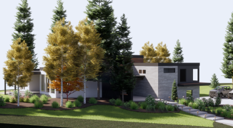 Modern house with trees and landscaping, light gray and dark gray exterior, front view, sunny day.