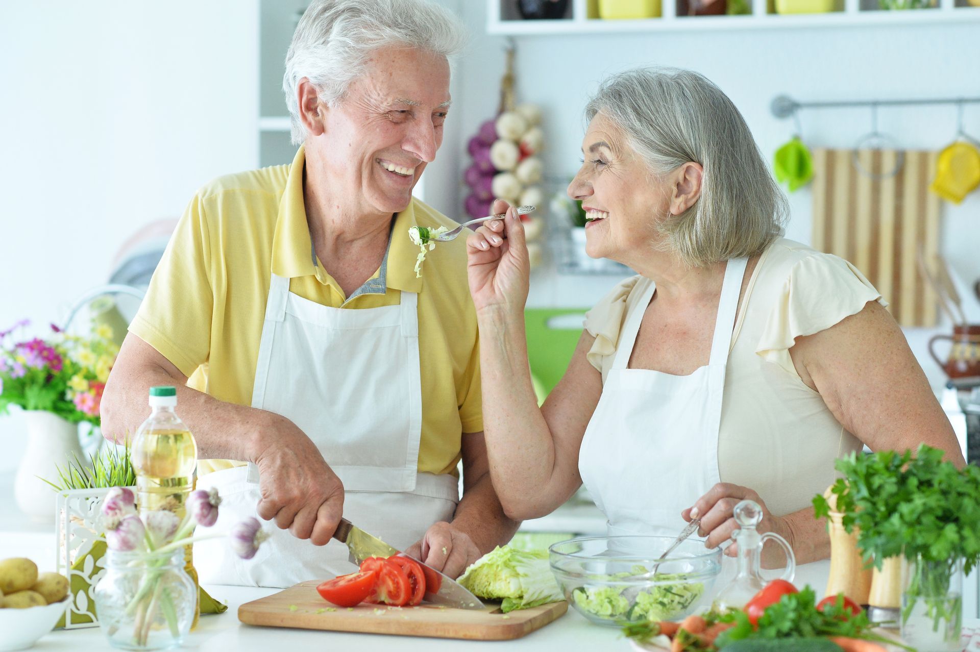 Two seniors enjoying a healthy and proper diet for diabetes.