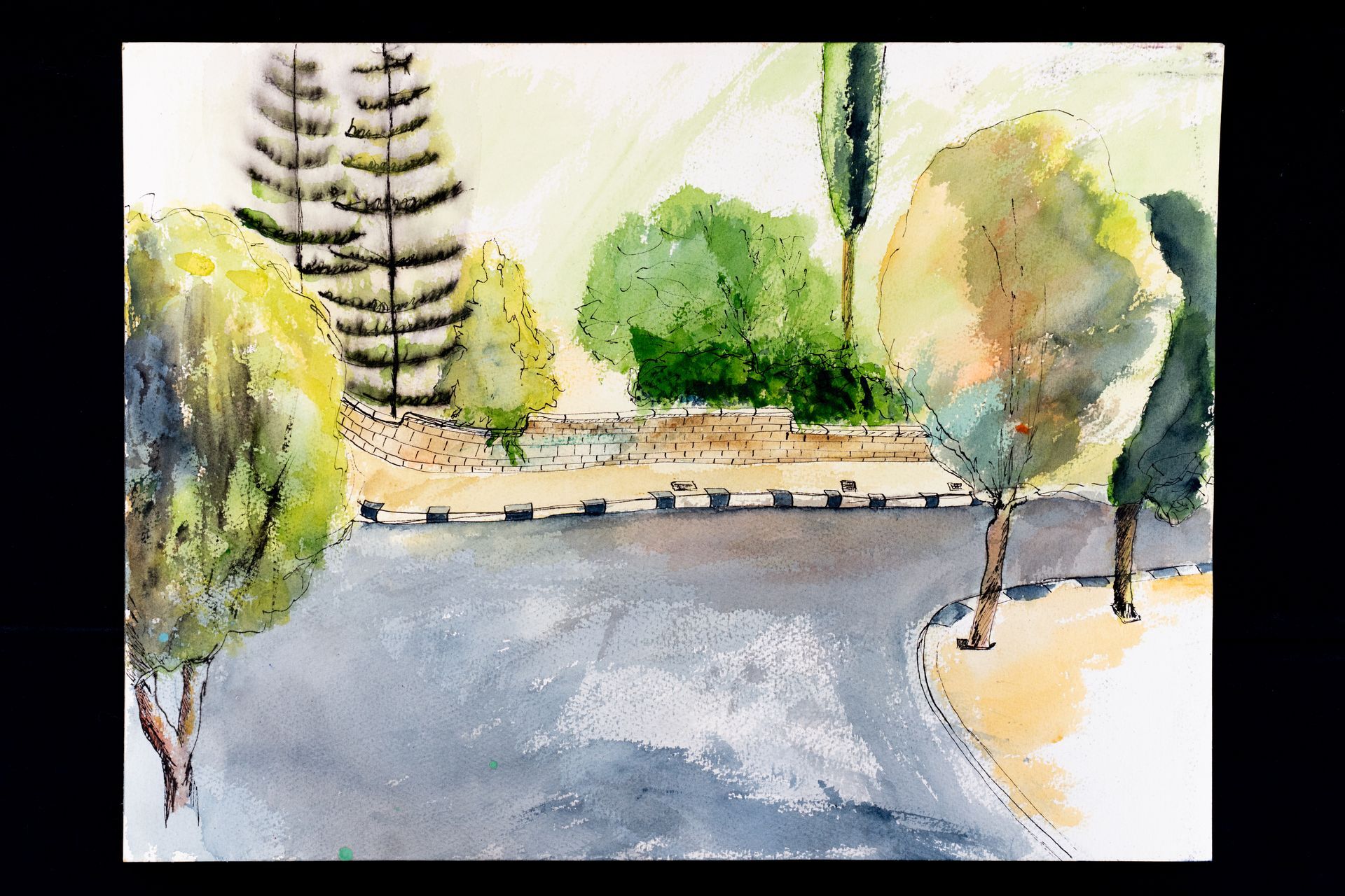Watercolor painting of a road curving through a park with trees; muted greens, tans, and blues.