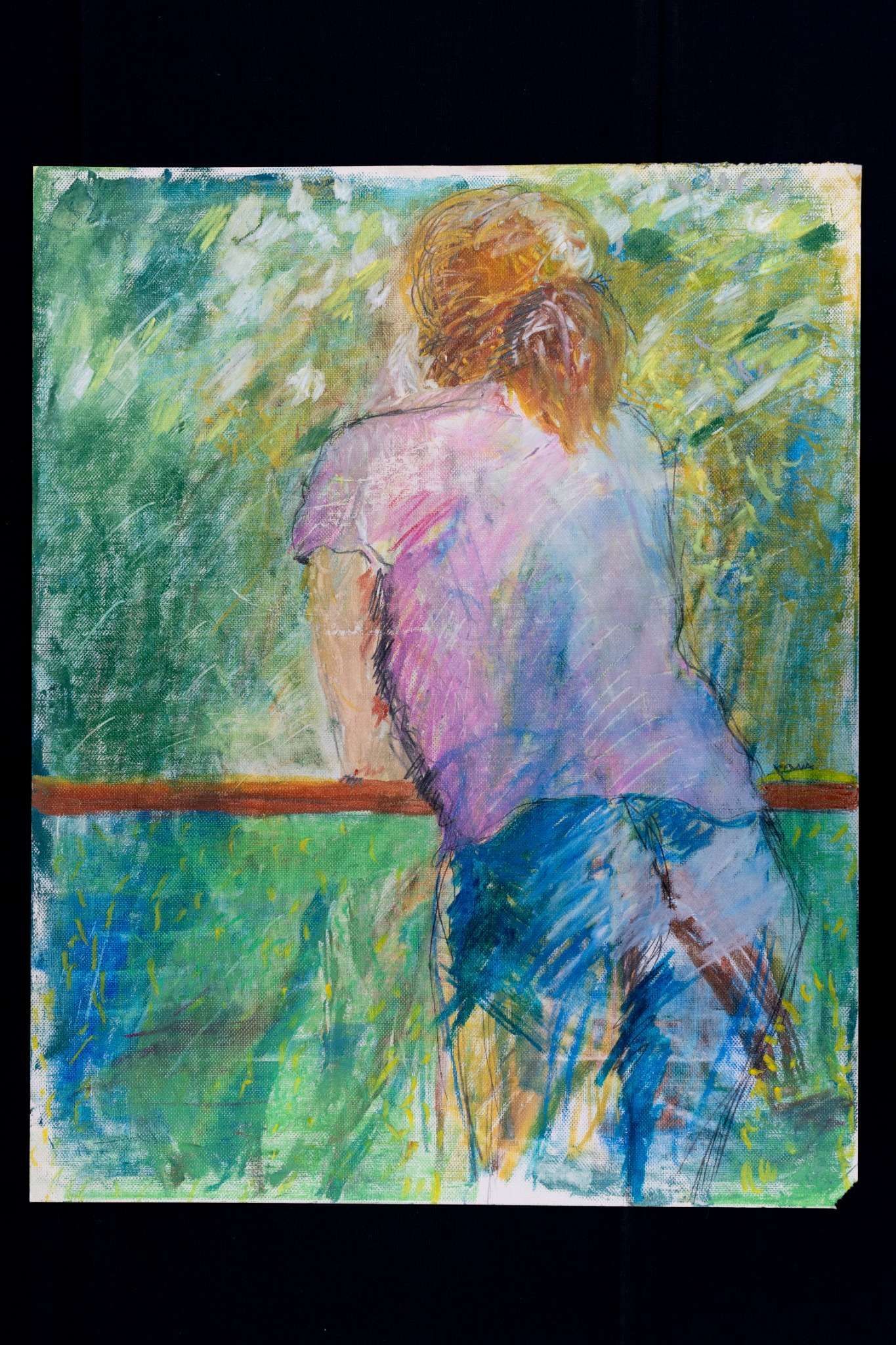 Person leaning on a railing, facing away. Green, blue, and pink pastel art.