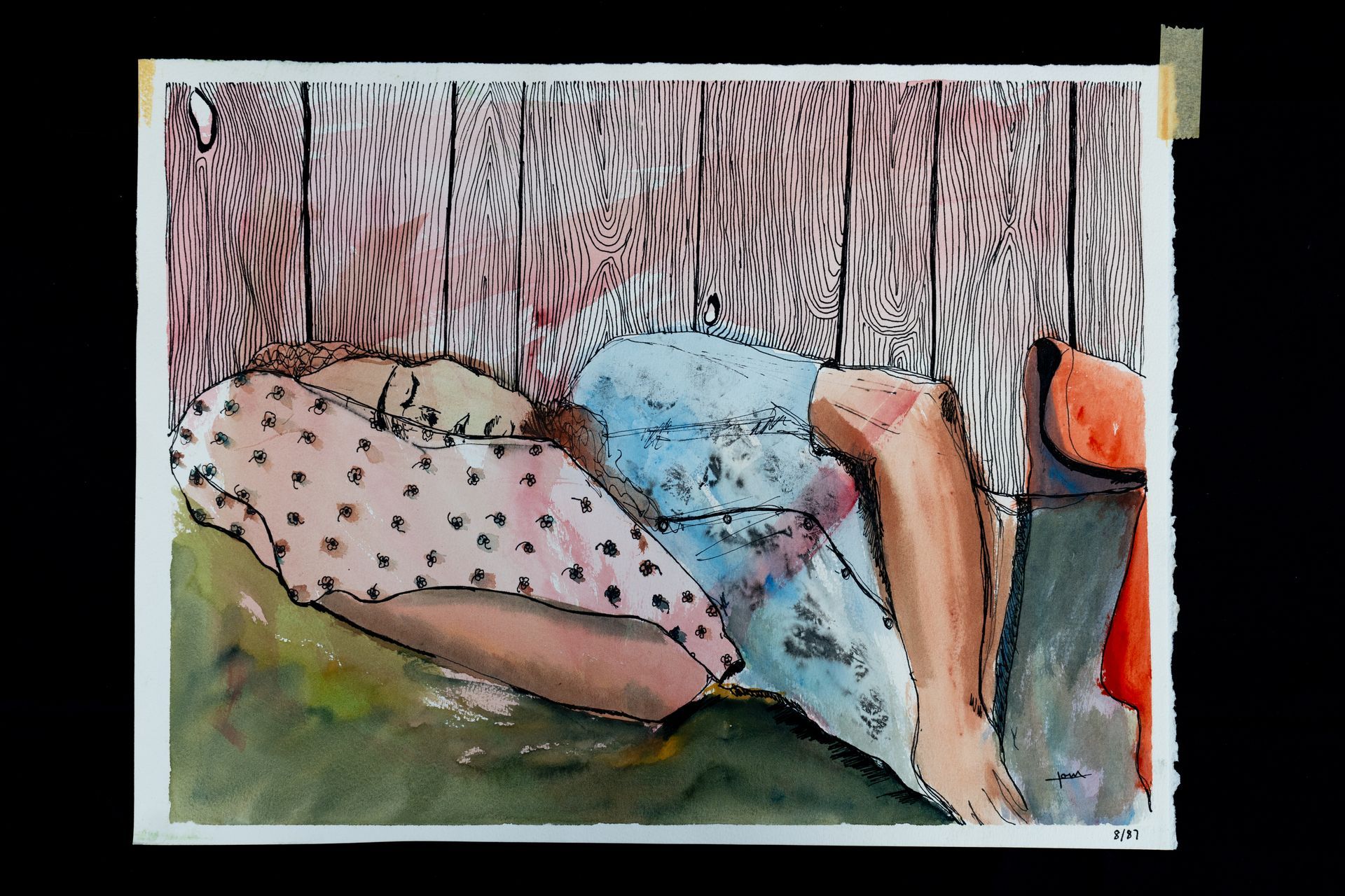 Watercolor painting of a person curled up against a wooden wall, wearing polka dots, blue, and red.