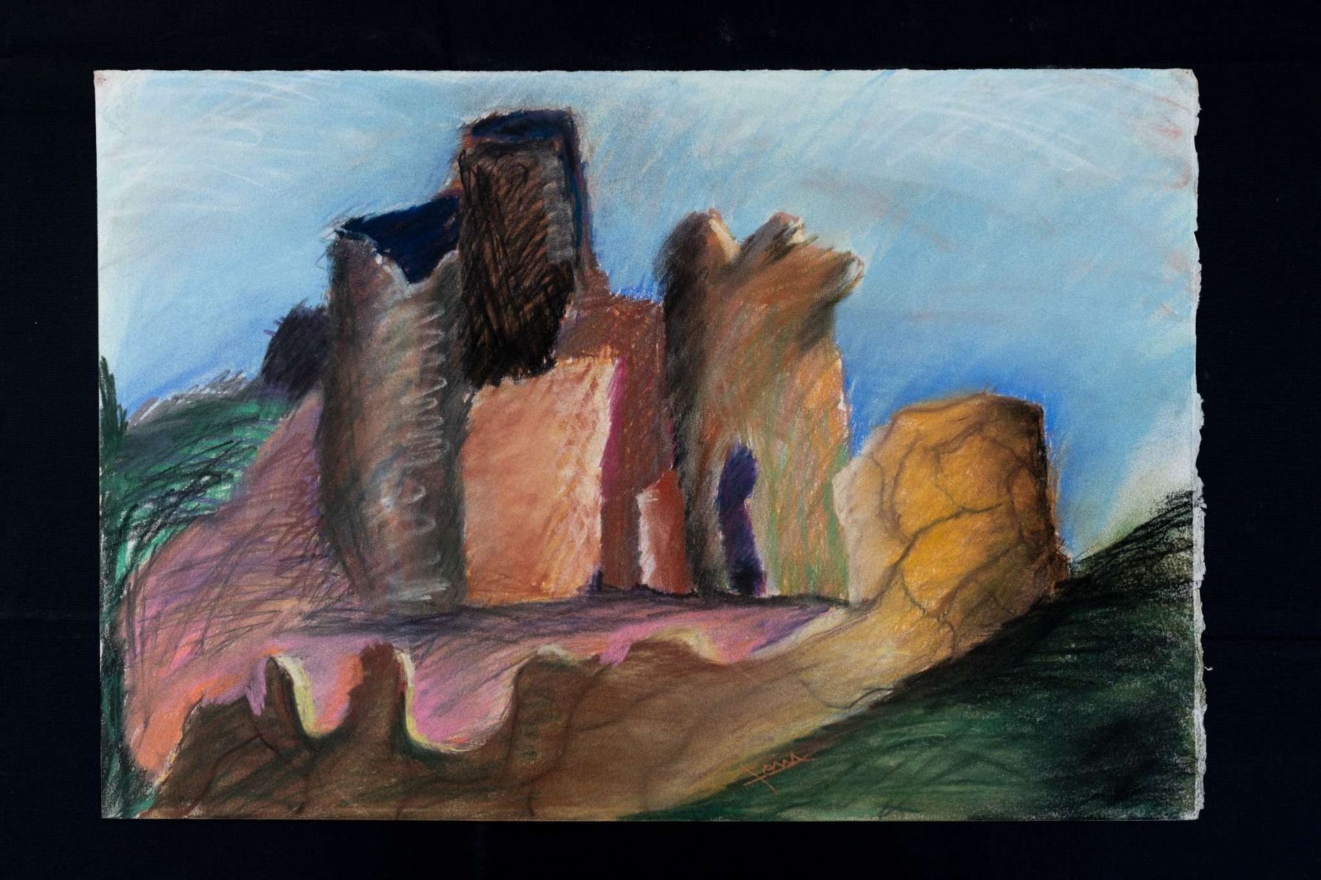 Ruined castle, pastel drawing. Earth tones dominate, blue sky, green hills, dark shadows.