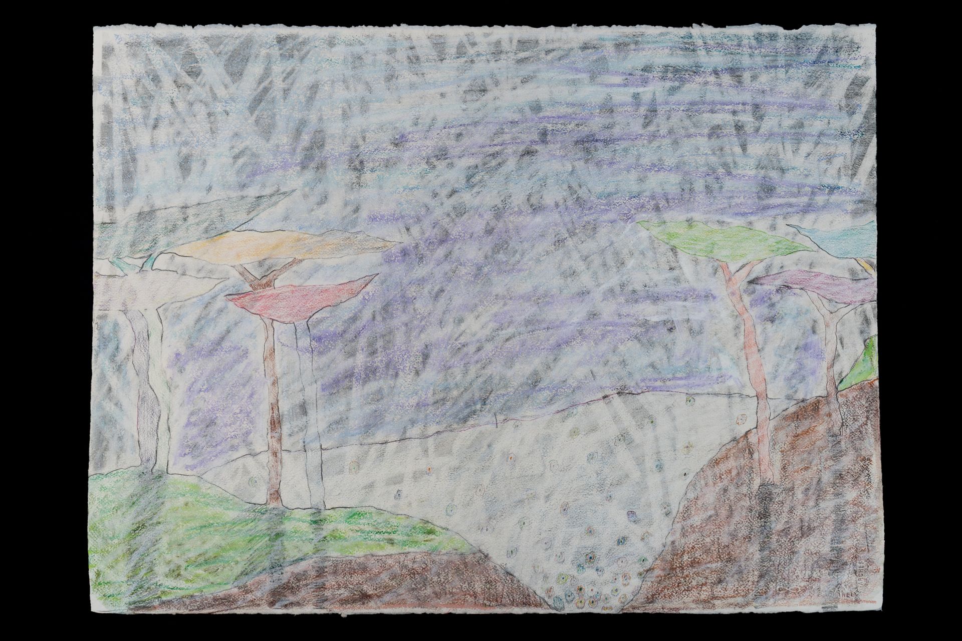 Colored pencil landscape of trees with colorful caps, and a light blue and purple sky.