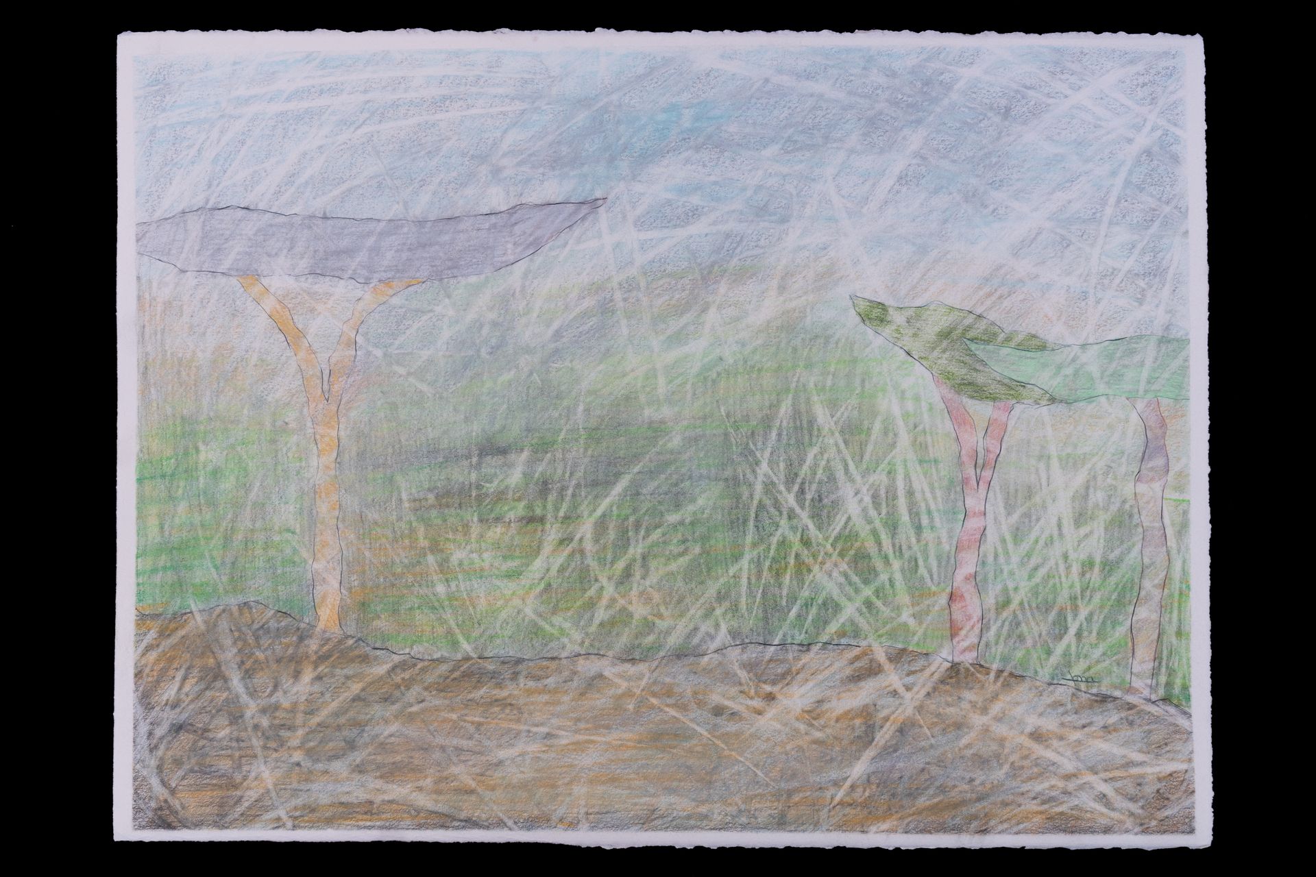 Two wooden structures with angled roofs in a grassy field, under a hazy sky; pastel colors.