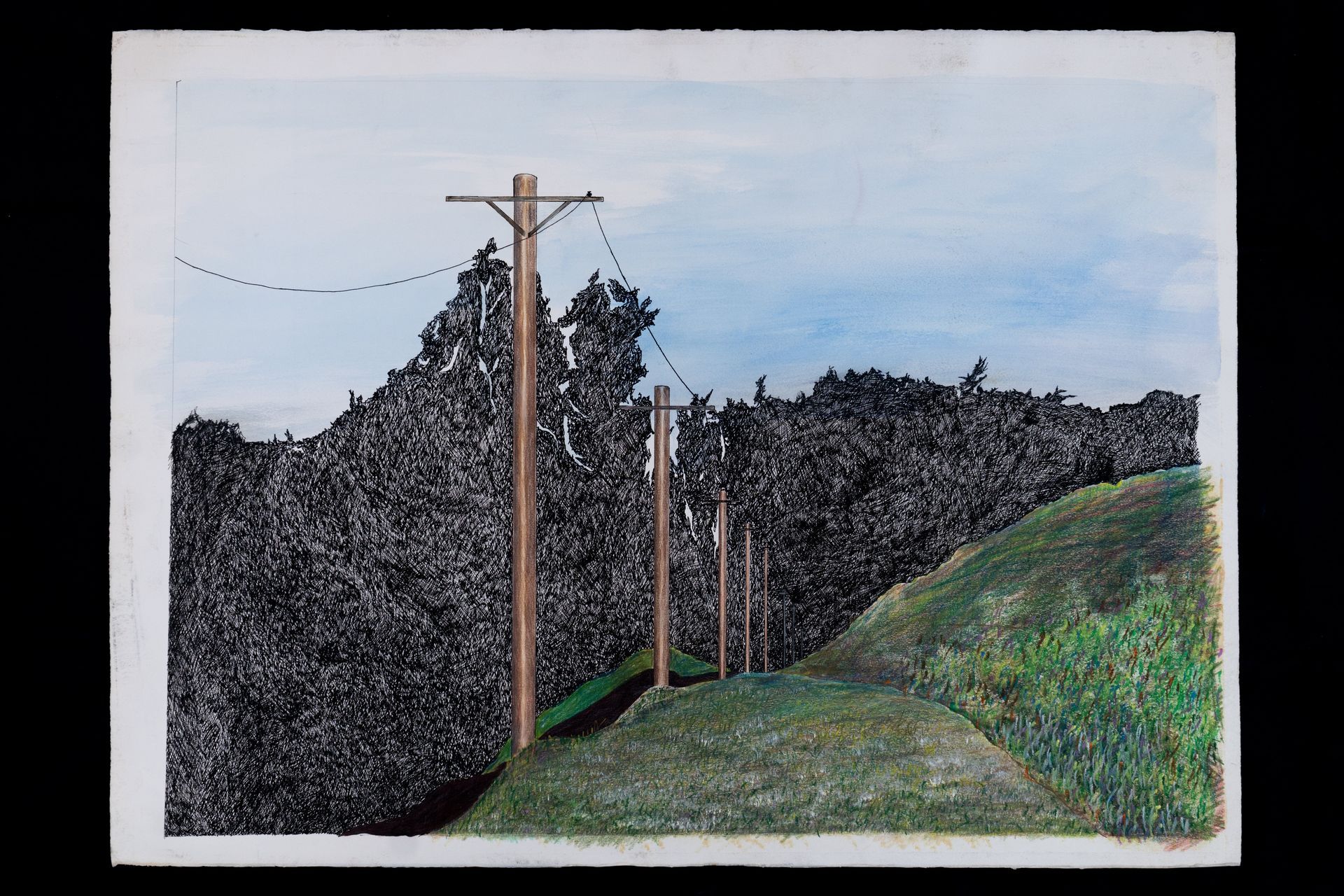 Landscape with utility poles, dark trees, green hill, and blue sky.