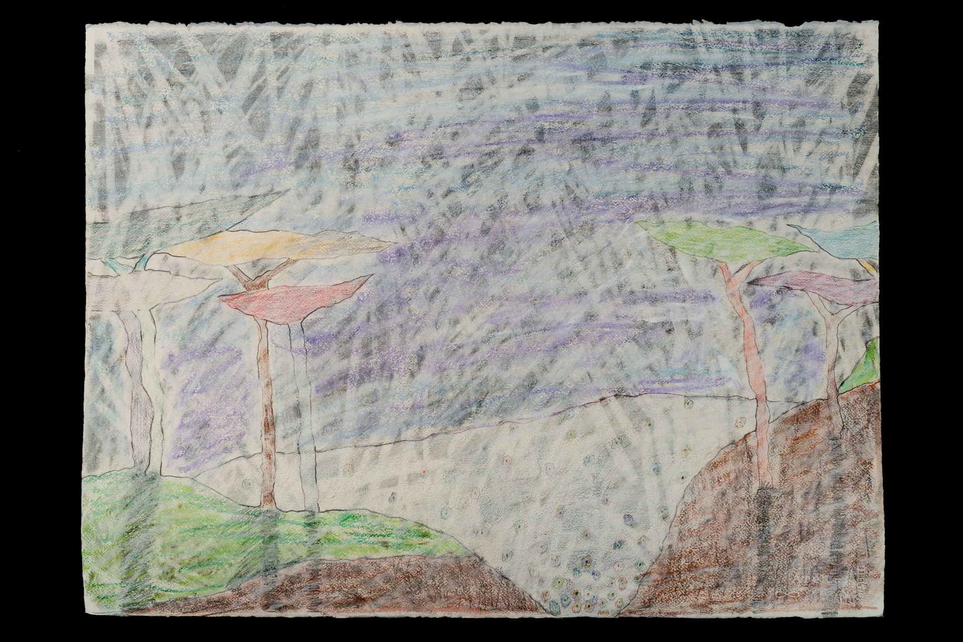 Landscape with two trees and a cloudy sky, drawn with crayon.
