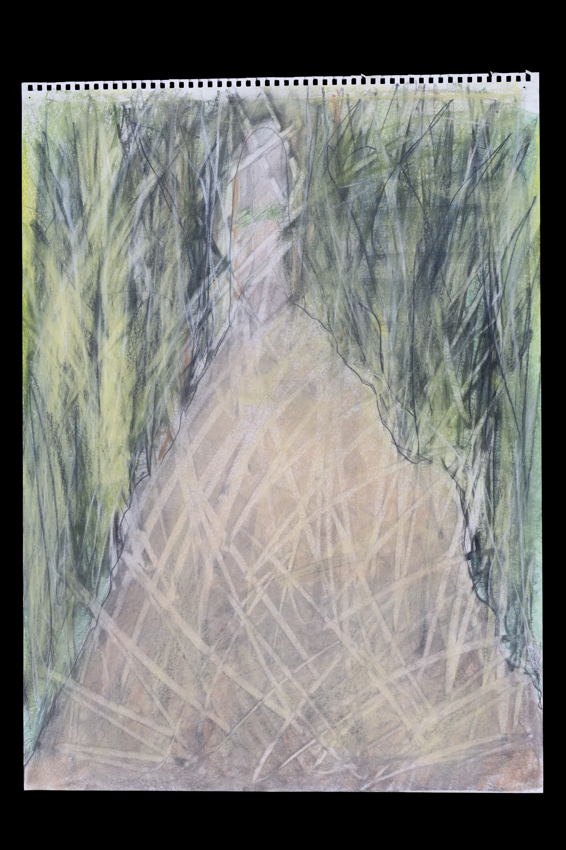 Abstract pastel sketch of a figure in a landscape, with green and beige tones.