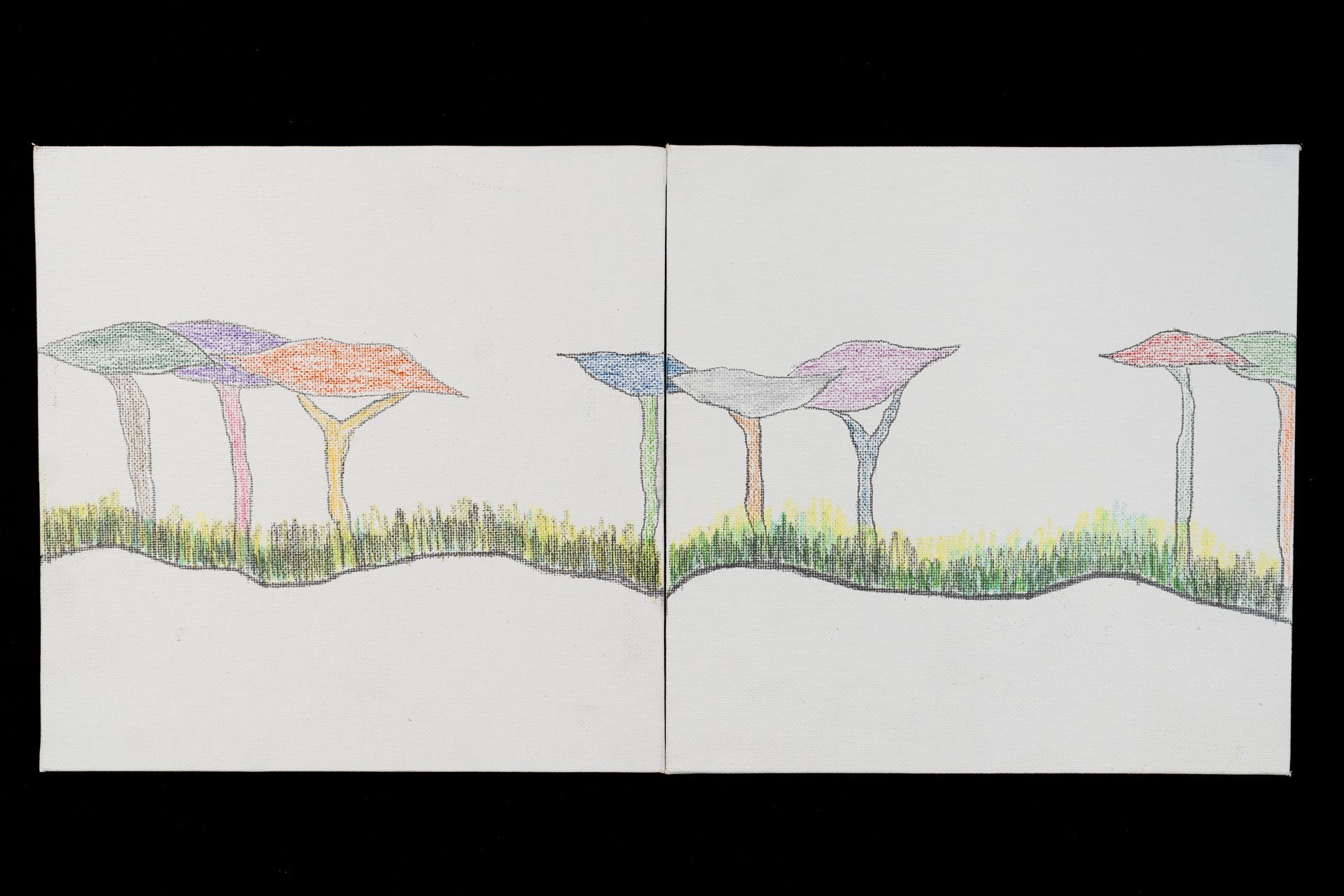 Two-panel art: pastel-colored trees over a grassy, wavy landscape against a white backdrop.