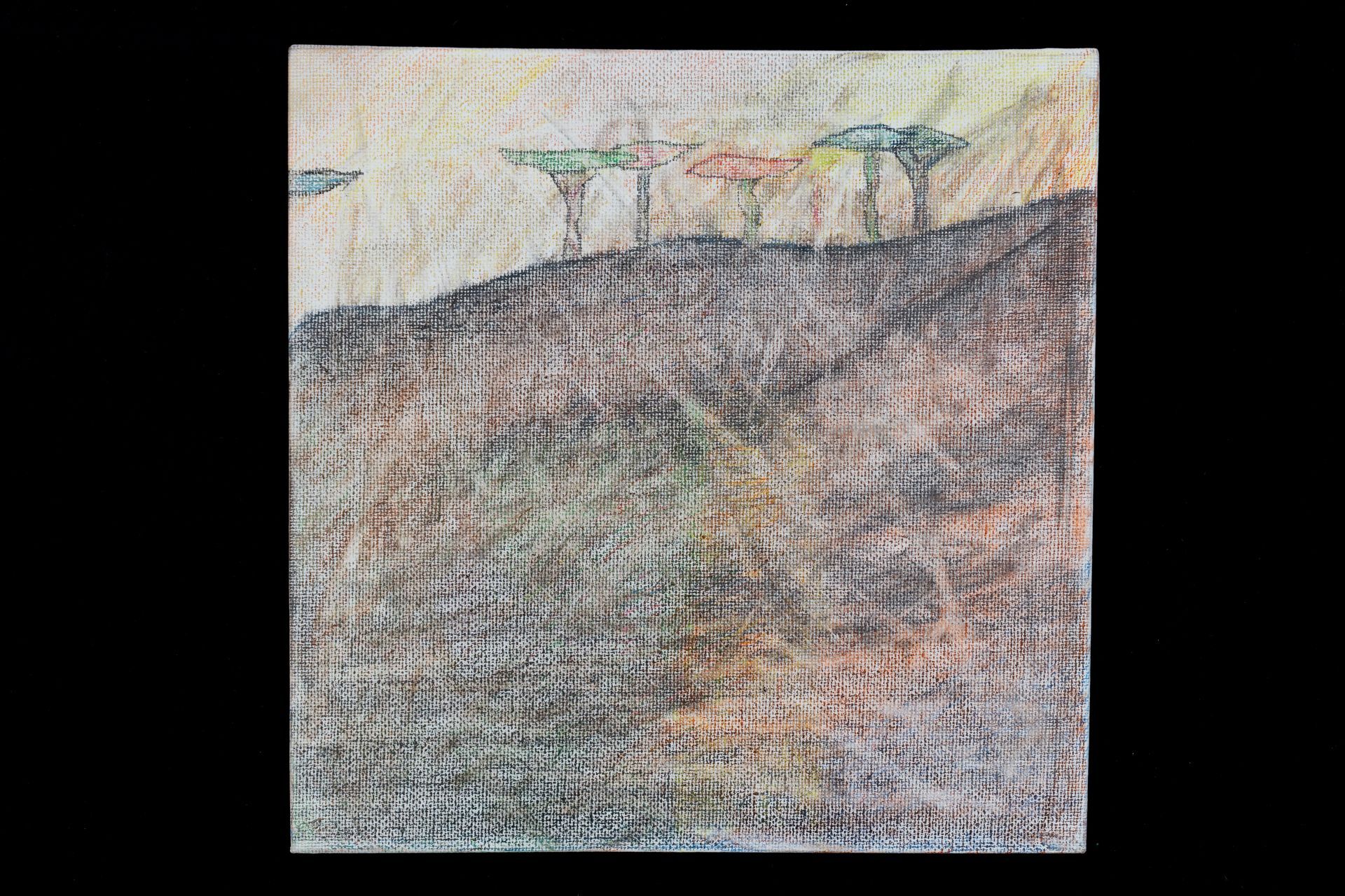 Landscape drawing of a hilly terrain with trees at the crest, rendered in muted earth tones.