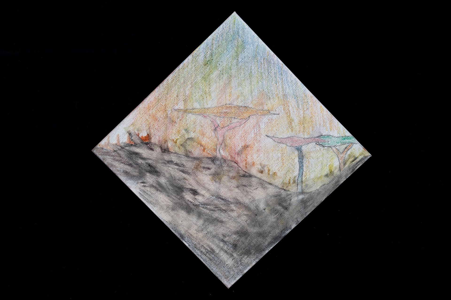 Diamond-shaped watercolor with a dark landscape and pastel sky against a black background.