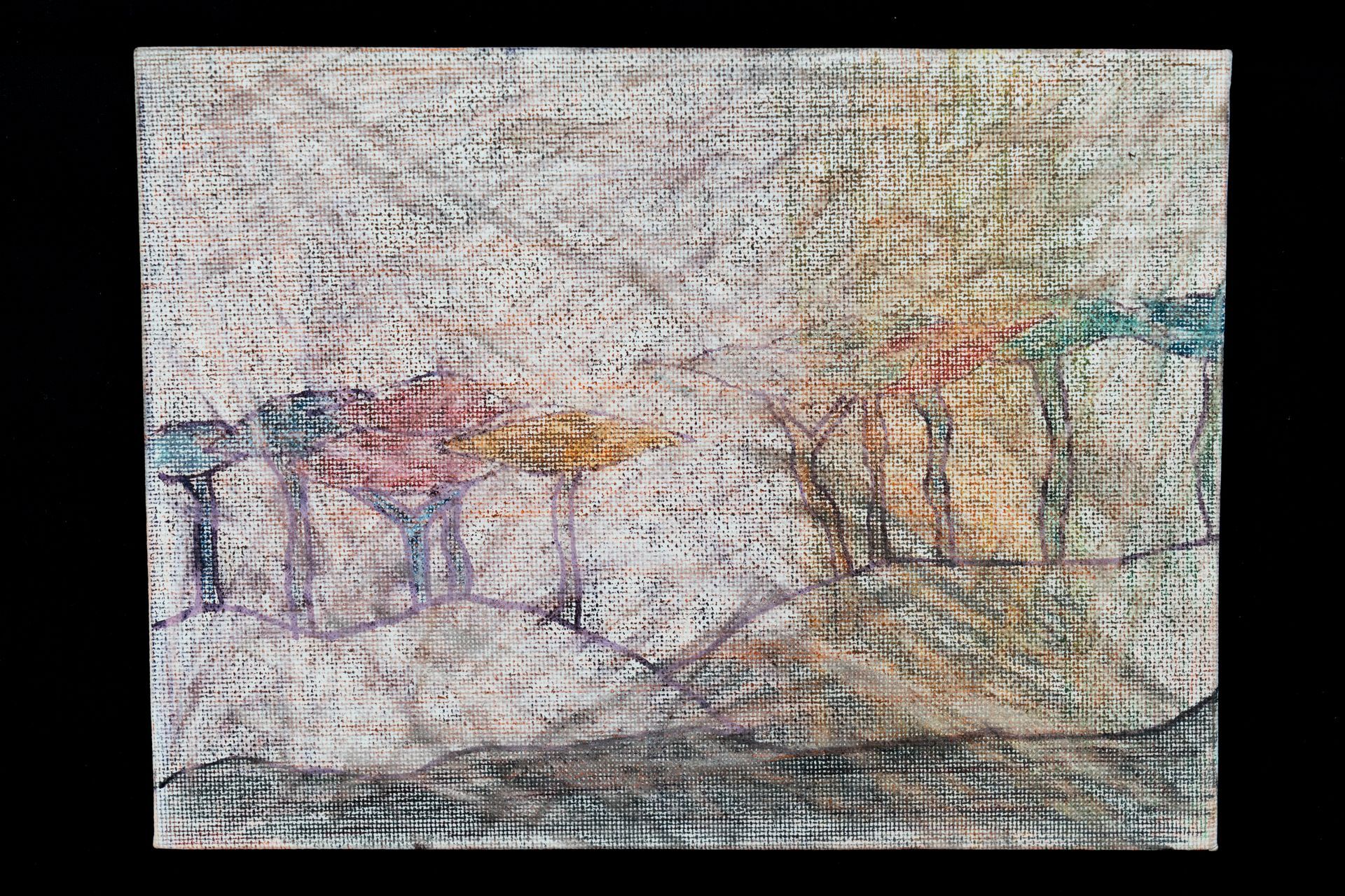 Abstract landscape with trees and muted colors on textured background.