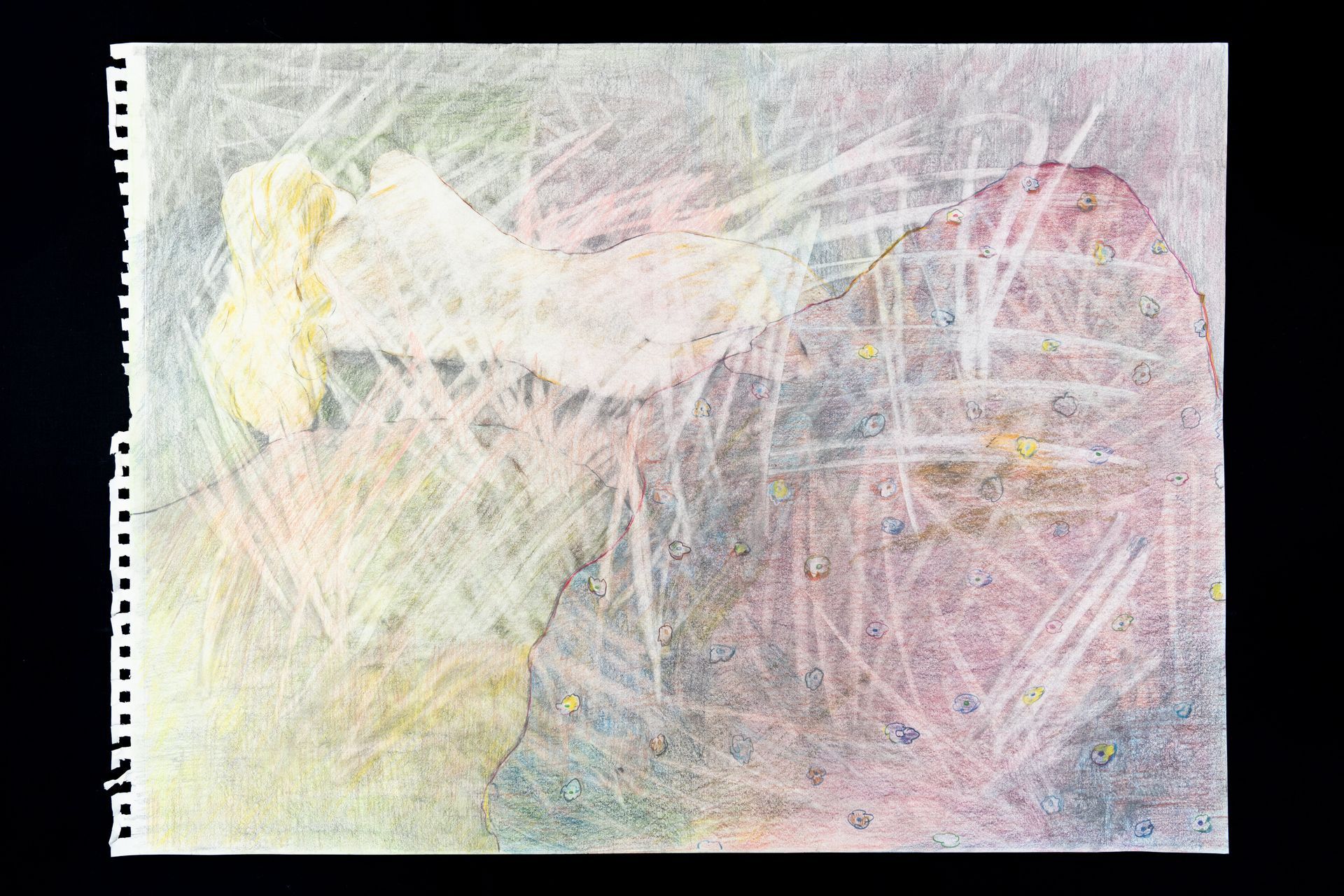 Abstract artwork: pastel colors and scratch marks on paper with torn edge, appearing faded.