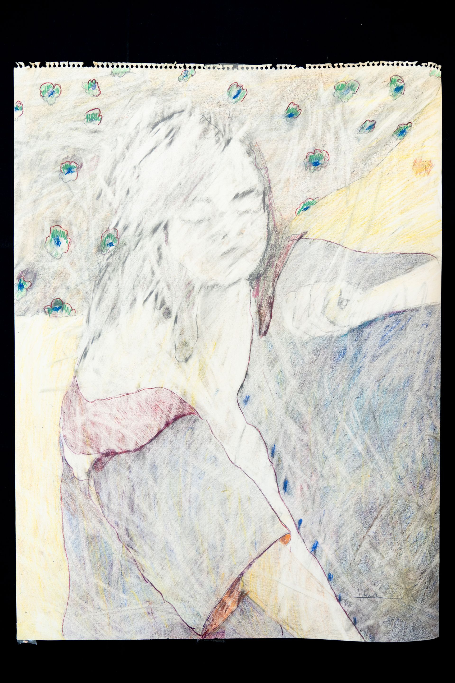 A person reclines against a textured surface dotted with teal details. Pastel colors are used in the drawing.