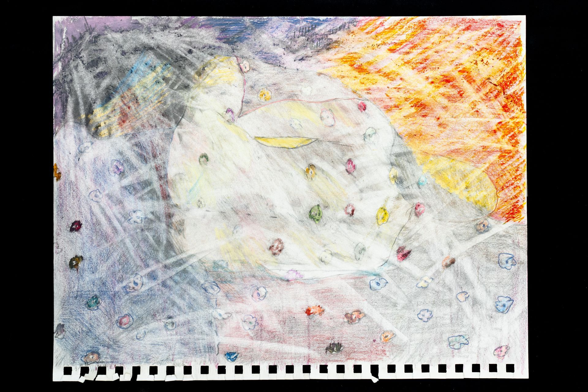 Abstract pastel drawing, a figure with a halo, small colorful details and orange/yellow background.