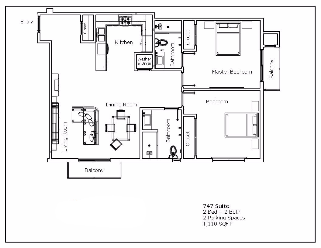 Floor Plan 747 Suite - 2 bedrooms, 2 bathrooms, 2 parking spaces, 1,110 square feet