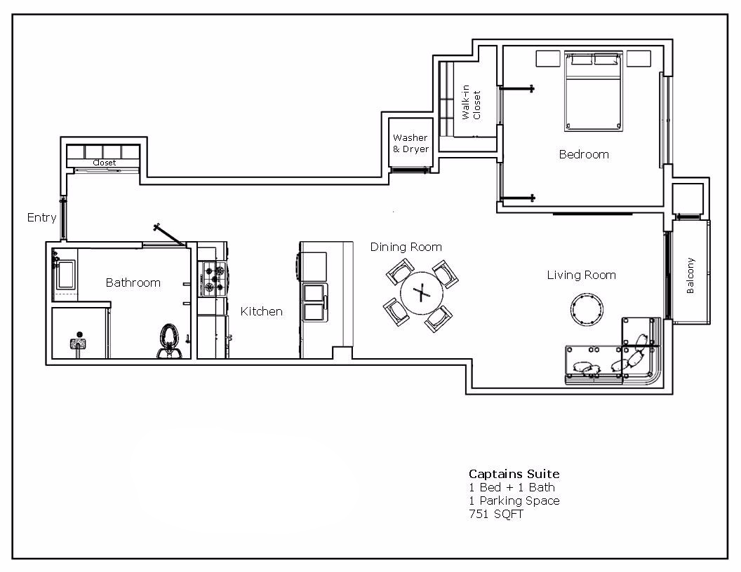 Floor Plan Captain's Suite - 1 bedroom, 1 bathroom, 1 parking space, 751 square feet