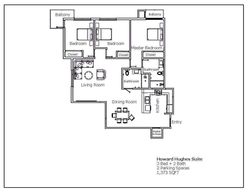 Howard Hughes Suite - 3 Bed / 2 Bath 2 Parking Spaces 1,373 Sq. Ft.