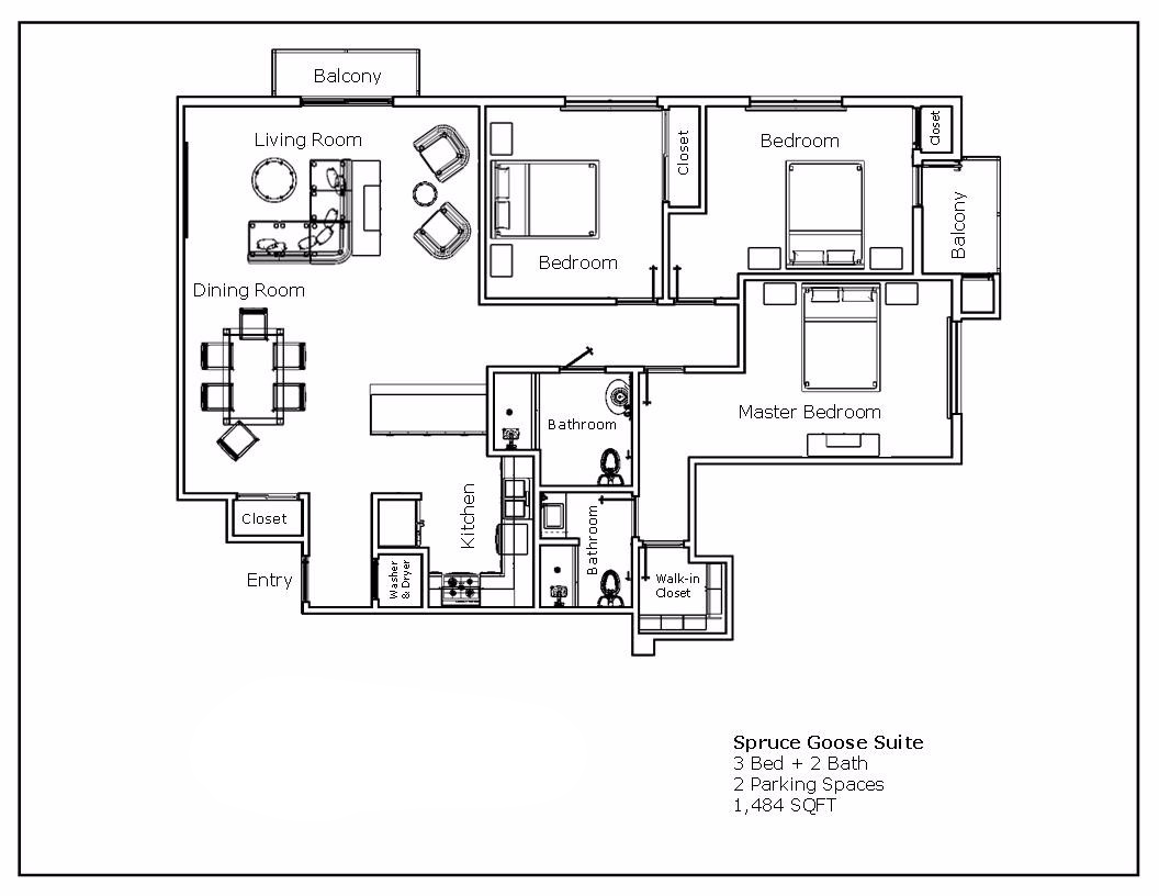 Spruce Goose Suite - 3 Bed / 2 Bath 2 Parking Spaces 1,484 Sq. Ft.