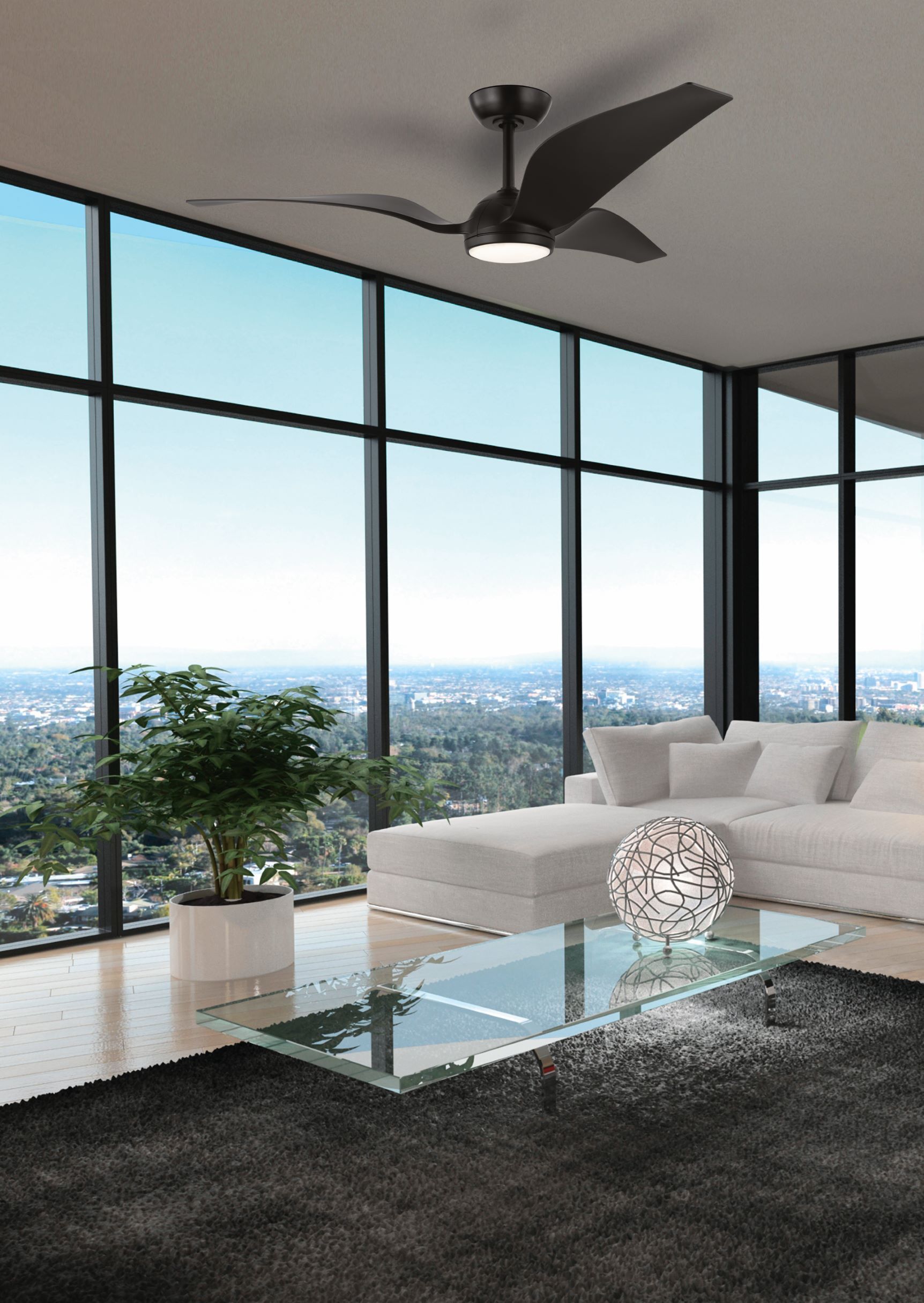 White couch-black ceiling fan