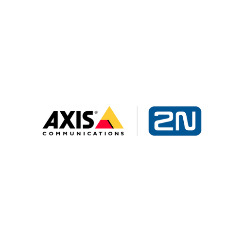 Logos for Axis Communications and 2N. Axis logo: black text, yellow and red triangle. 2N logo: blue square, white 