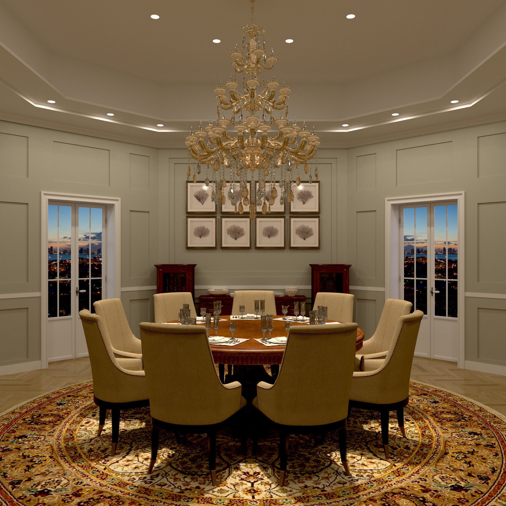 Elegant dining room with chandelier, round table, chairs, and patterned rug.