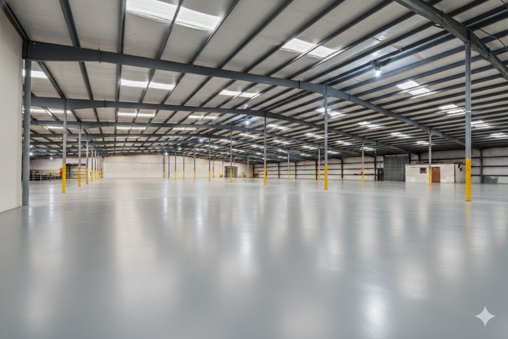 Patio with seating under a slatted pergola, overlooking a grassy backyard.