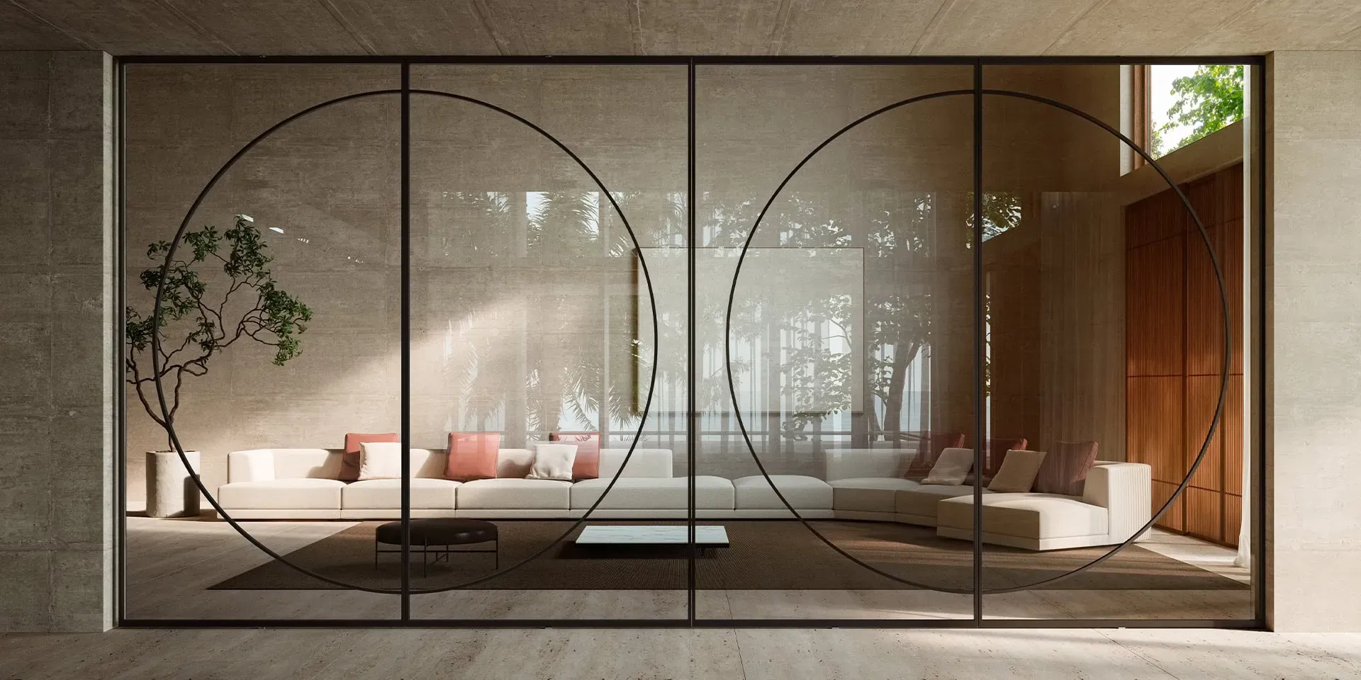 Ein modernes Wohnzimmer mit einer großen Glastüre von ADL, die zwei geometrische Kreise darstellt. Im Inneren befindet sich ein Sofa.