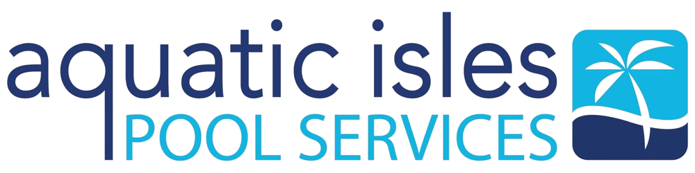 The logo for aquatic isles pool services has a palm tree on it.