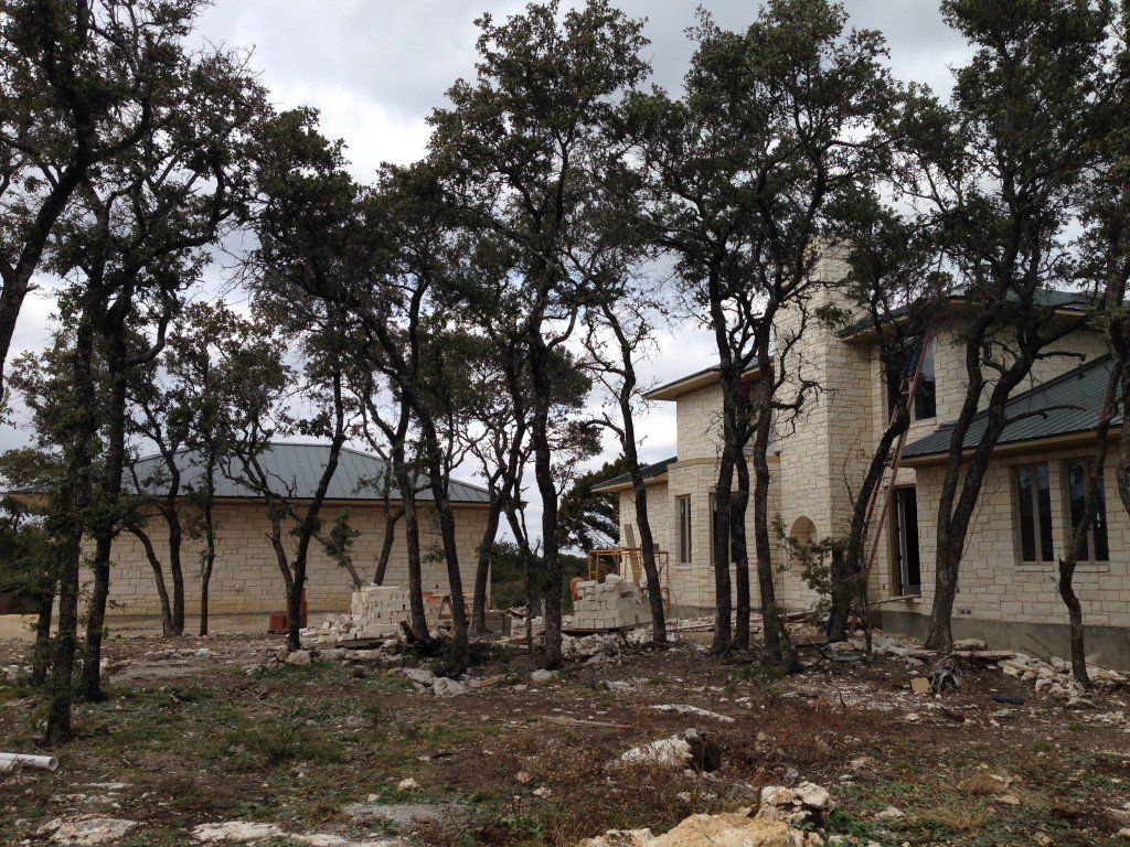 a house with a green roof is surrounded by trees