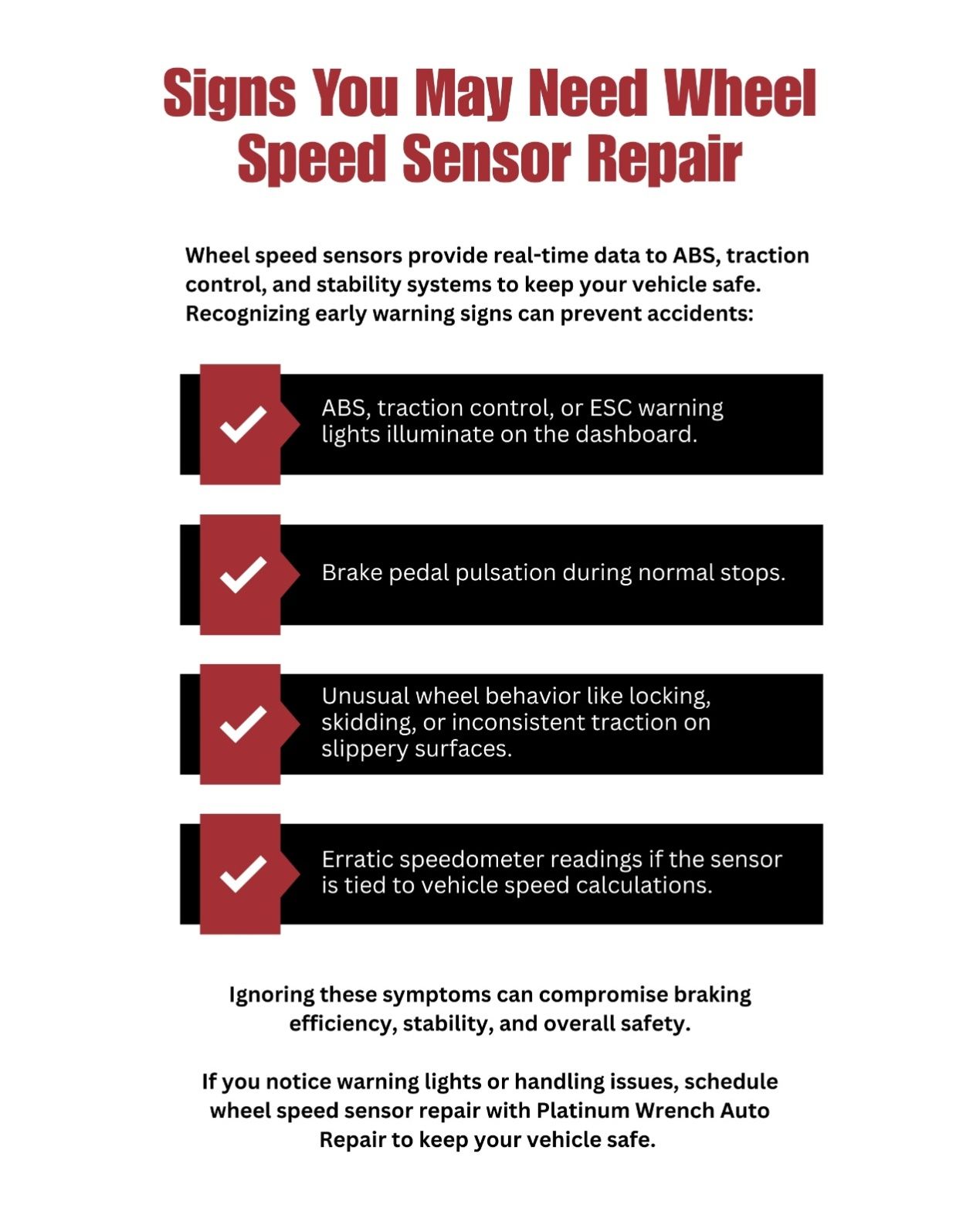 Infographic listing four warning signs of faulty wheel speed sensors, including dashboard lights and brake issues.