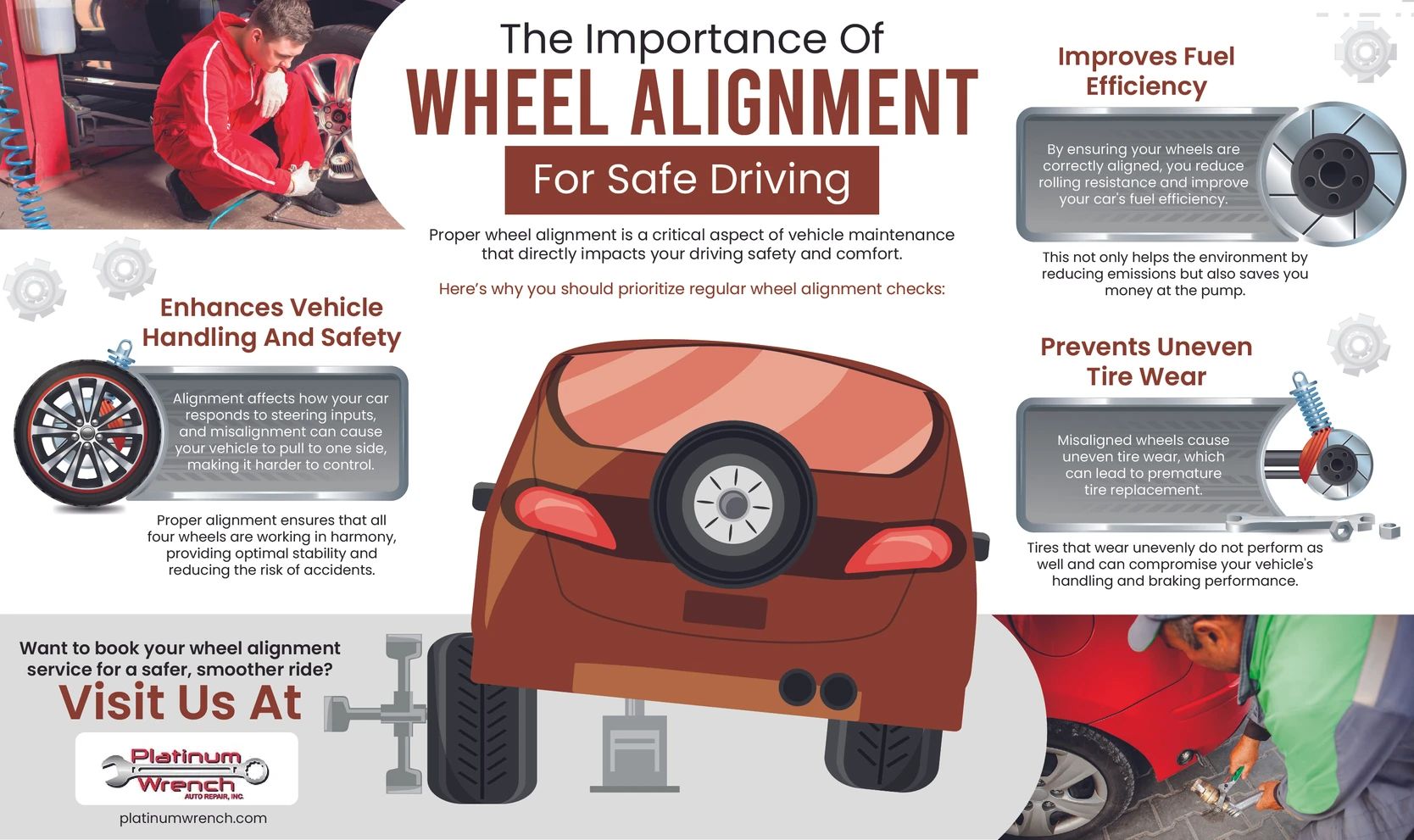 Infographic on the importance of wheel alignment for vehicle safety, fuel efficiency, and preventing uneven tire wear.