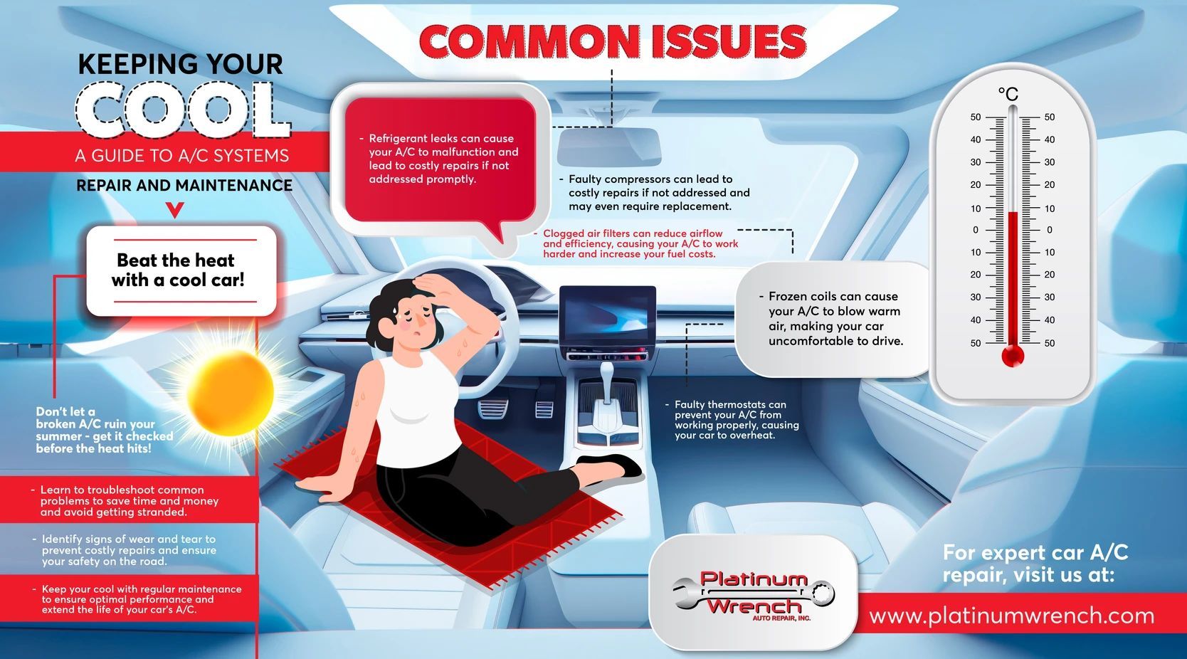 An infographic about car A/C repair with common issues, tips, a thermometer graphic, and Platinum Wrench branding.