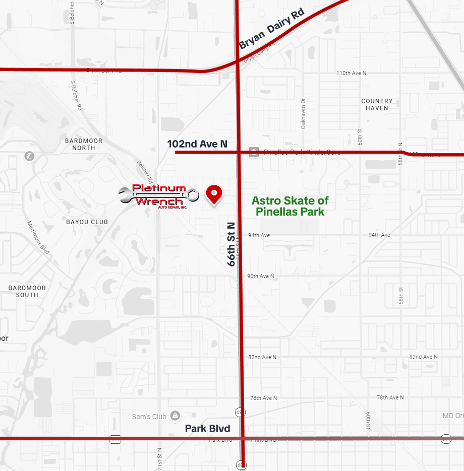 Map showing Astro Skate of Pinellas Park near 66th St N, 102nd Ave N, and Park Blvd. | Platinum Wrench Auto Repair
