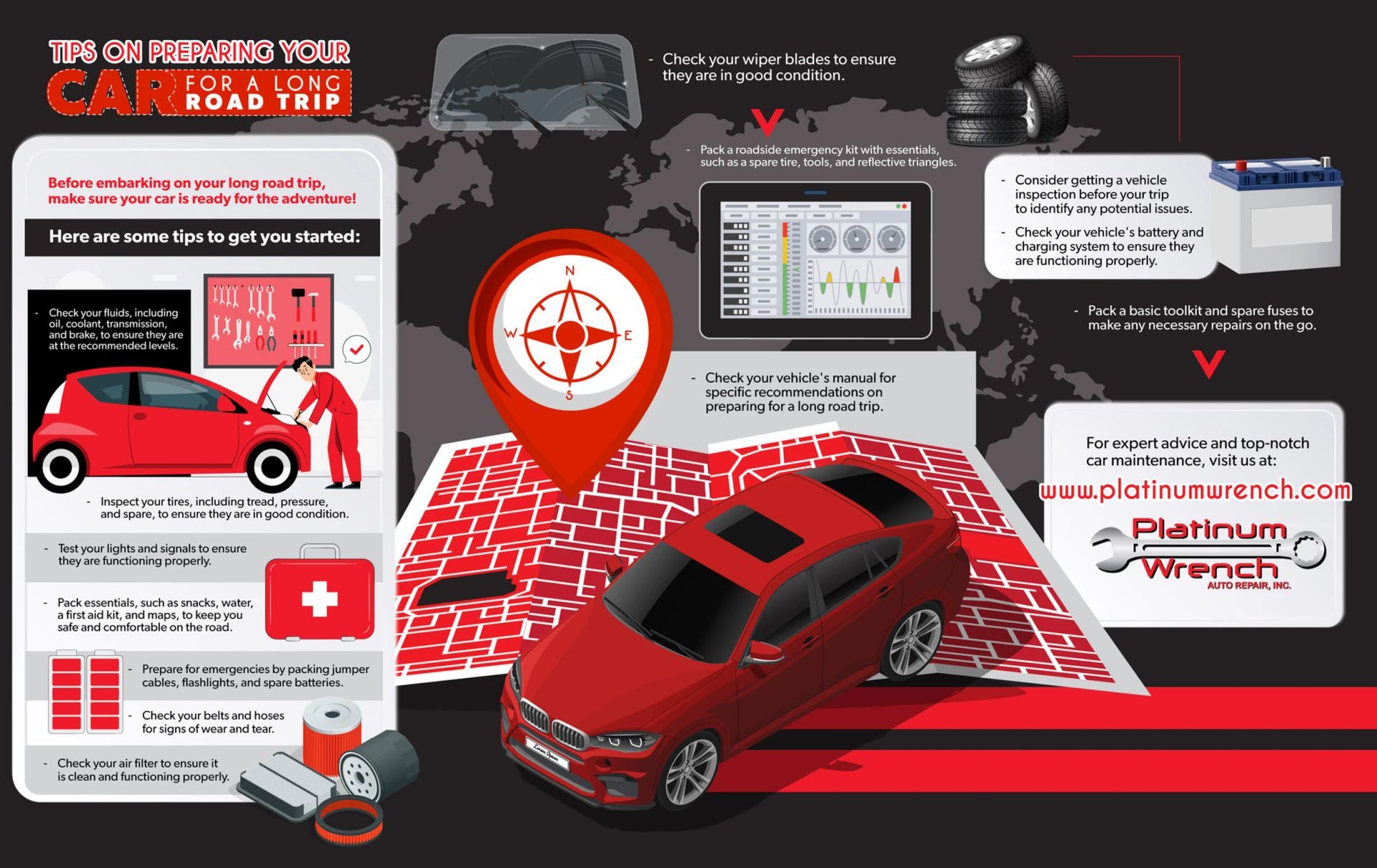 Infographic offering car maintenance tips for road trips, featuring a red car on a map and a checklist of safety checks.