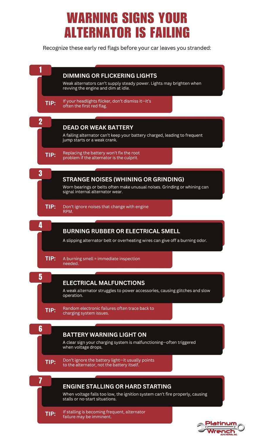 An infographic listing seven warning signs of a failing car alternator, including electrical, noise, and power issues.
